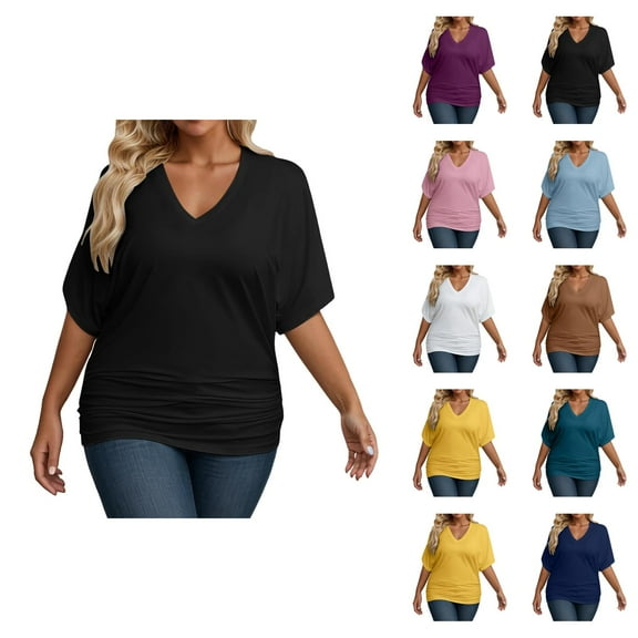 Womens T Shirts Summer Tops 2025 Plus Size Short Sleeve V-Neck Loose Fit Stretchy Basic Tees Tshirts Shirts for Women