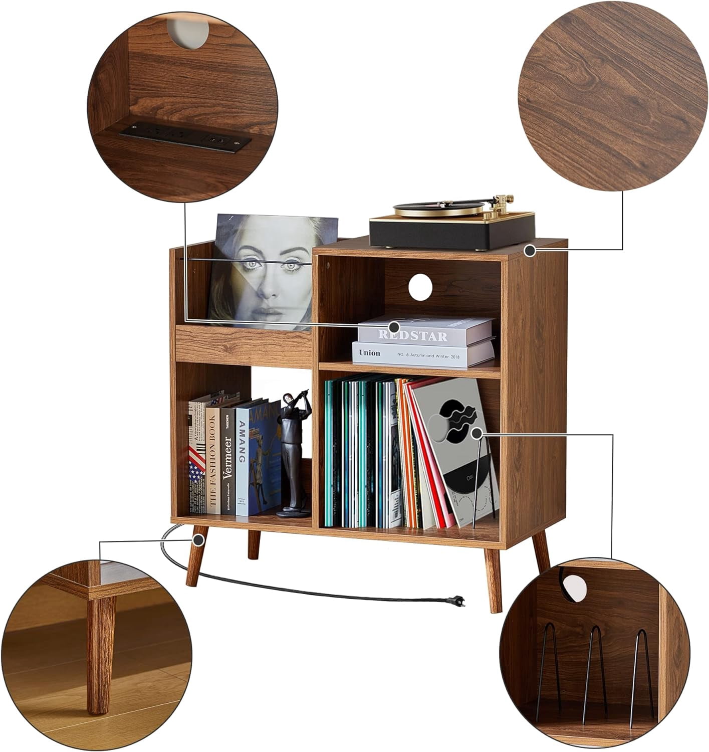 Weselon Record Storage Cabinet with Power Outlet,Record Player Stand,Record Player Table Holds up to 250 Albums,Turntable Stand Display Shelf with Wood Legs for Living Room Bedroom,Walnut Brown