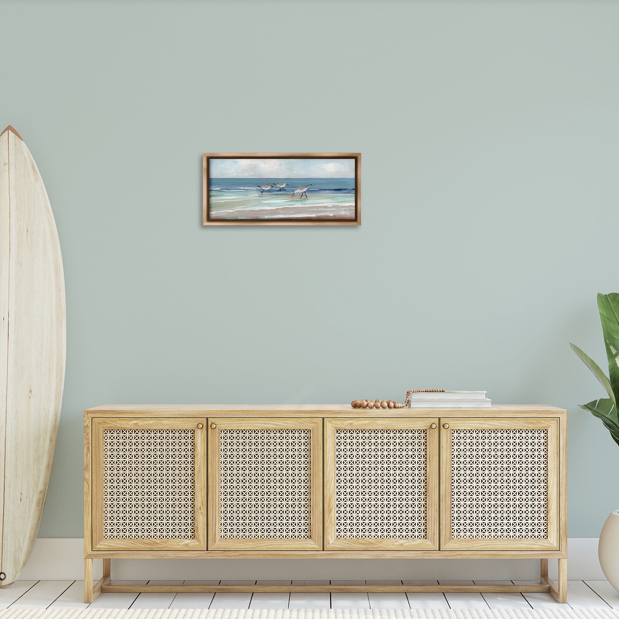 Stupell Industries Panoramic Sandpipers on Shoreline Nature Painting Brown Floater Framed Canvas Art Print Wall Art, 25 x 11