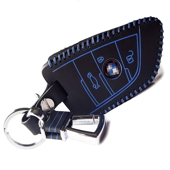 Dobrev Genuine Leather Car Key Fob Cover Holder Protector Case Fit for BMW 2014 2015 2016 2017 X1 F48 X3 X4 X5 X6 Remote Smart 3 4 Buttons Key (Blue)