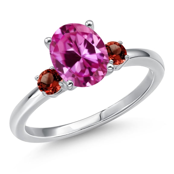 Gem Stone King 14K White Gold Pink Created Sapphire and Red Garnet Engagement Ring for Women | 1.30 Cttw | Oval 9X7MM | Gemstone September Birthstone | Size 5