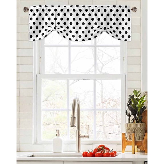 Tie Up Valance Curtain for Kitchen, Black Polka Dots on White Rod Pocket Short Curtains Adjustable Tie-Up Shade Valances, Modern Abstract Wave Point Window Treatment for Bathroom Living Room Bedroom