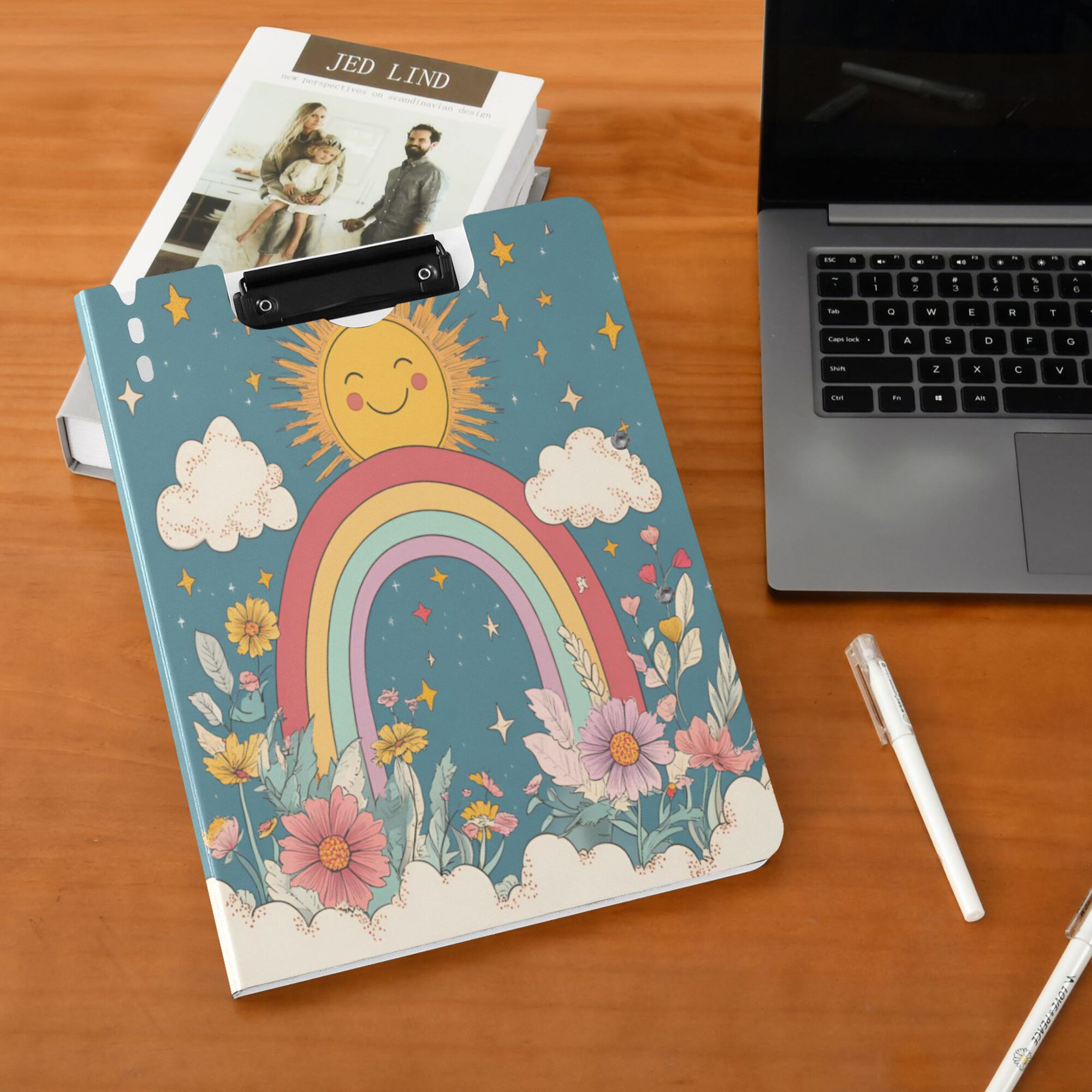 FORMRS A4 Clipboard Folder with Pen Holder Horizontal Foldable School Office Binder, Blue Rainbow