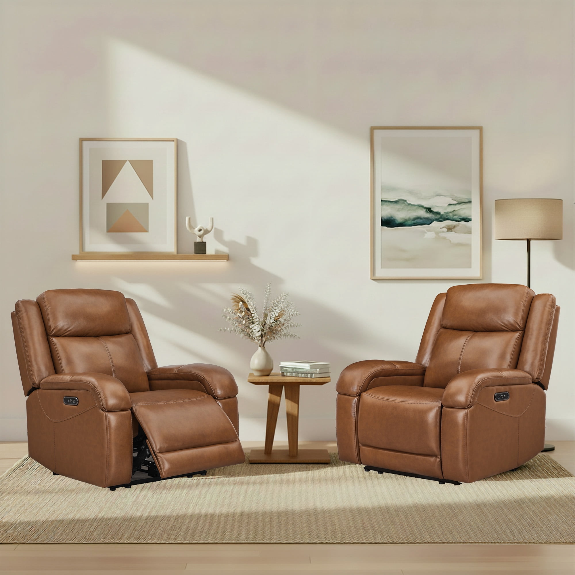 Spruce & Spring Genuine Leather Wall Hugger Power Recliner with Dual Motors, Saddle-Medium