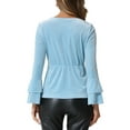 thumbnail image 3 of INSPIRE CHIC Women's Party V Neck Flare Long Sleeve Velvet Peplum Blouse M Light Blue, 3 of 6