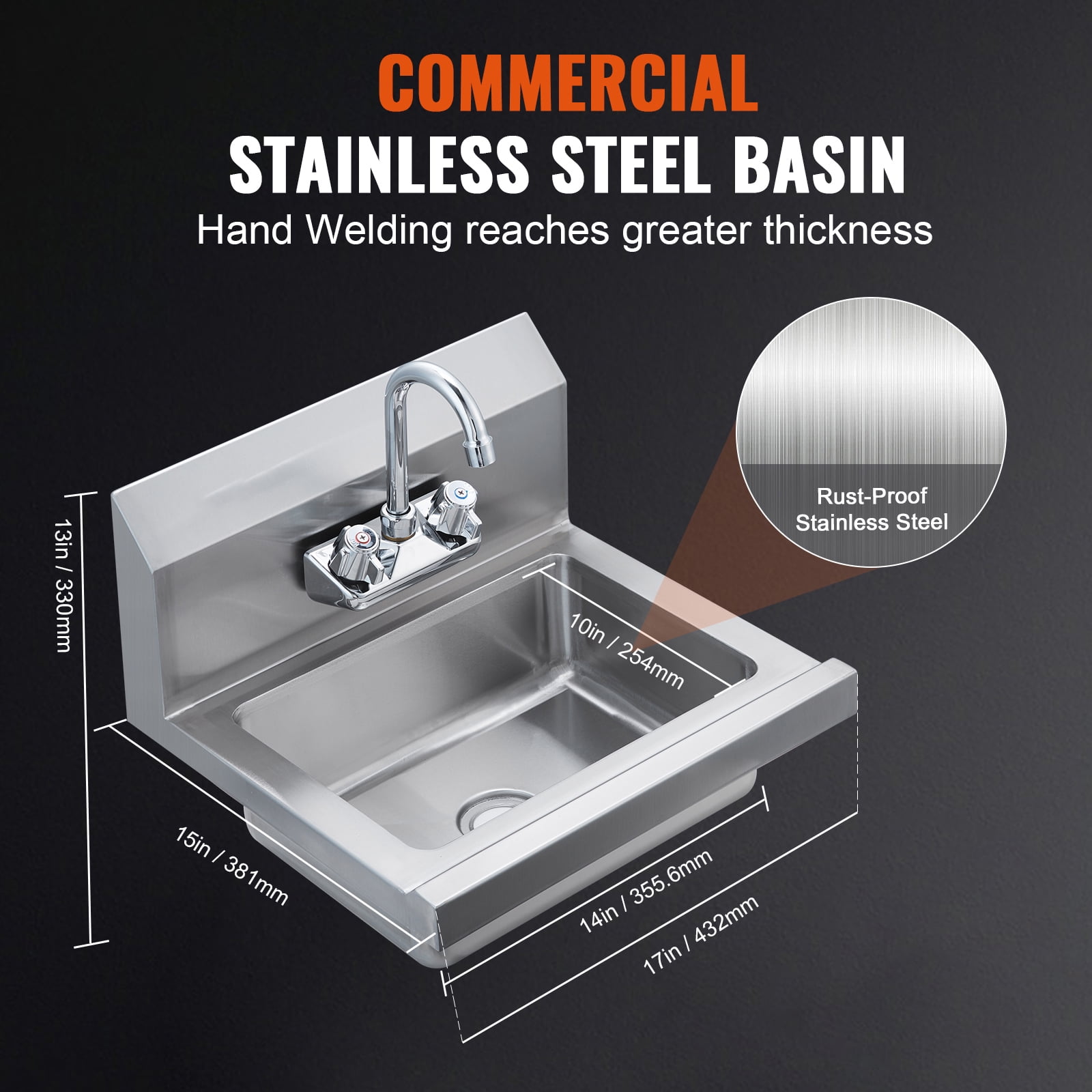 KFFKFF Commercial Stainless Steel Wall-Mounted Hand Sink with Faucet, Compact Utility Sink for Washing in Restaurants, Kitchens, Bars, Garages, and Homes, 17 x 12.8 Inches
