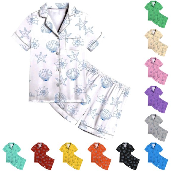 JAJAHO Girls Pajamas Sets Kids Ocean Animal Printed Short Sleeve Shirts And Pants 2 Piece Summer Satin Sleepwear Set 2-13Y
