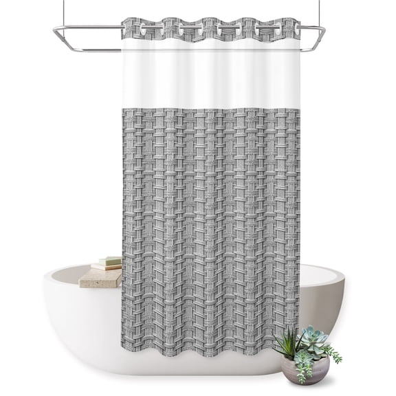 Woven Basket No Hook Shower Curtain Rustic Minimalist Slate Gray Textured Weave Lattice Shower Curtain with Mesh Top Window, Waterproof Washable Fabric Curtain for Bathroom Hotel Decor, 36Wx72L