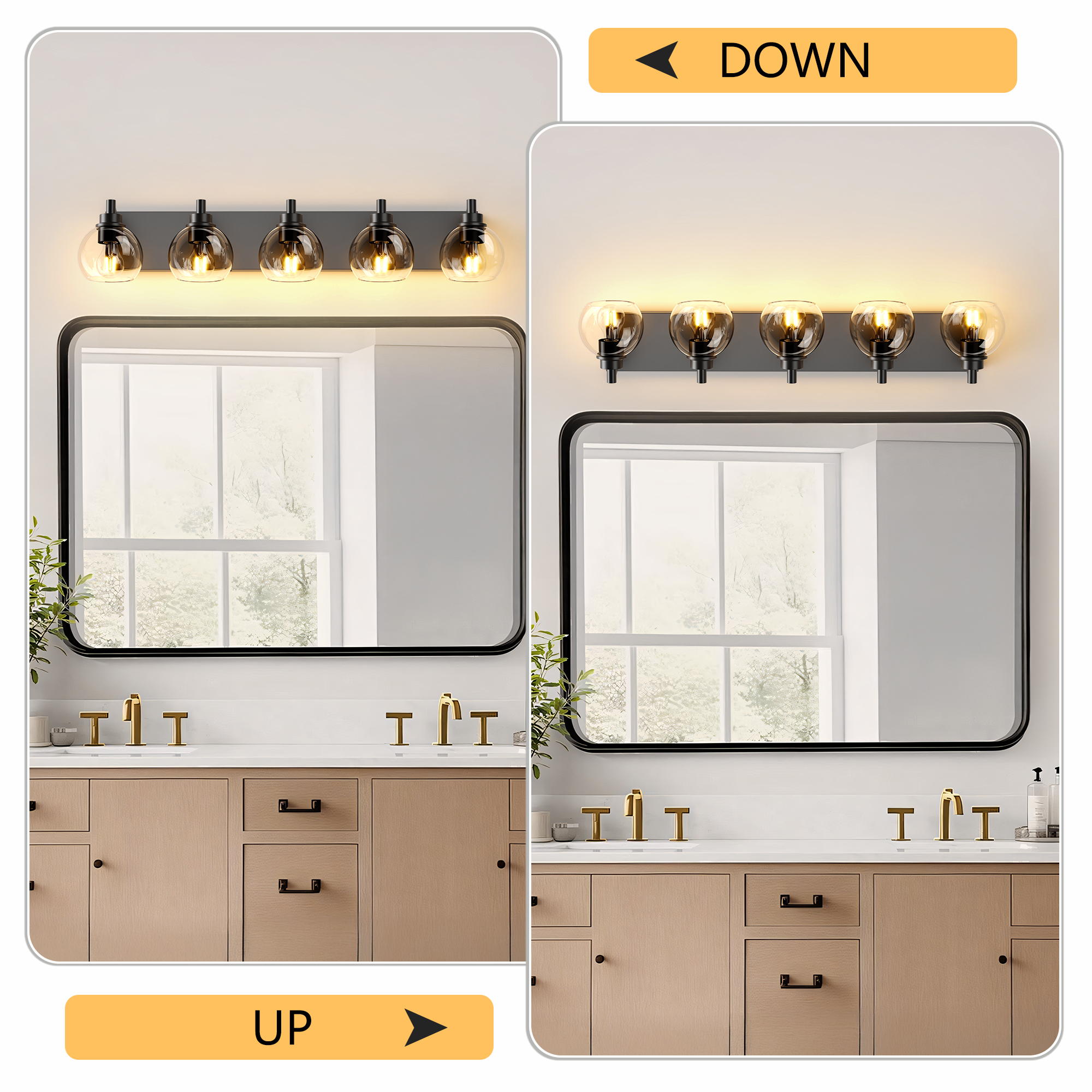 Leumius Farmhouse Bathroom Vanity Light Fixtures, 5-Light Bathroom Light Fixtures Over Mirror, Rustic Sconces Wall Lighting with Glass Shade for Living Room, Bedroom, Hallway