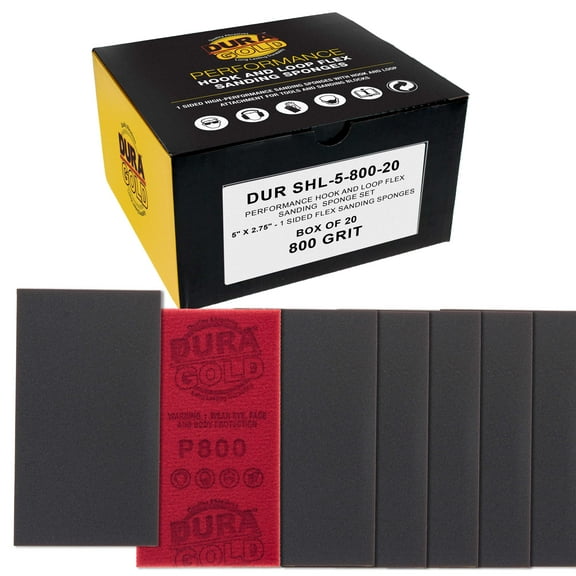 Dura-Gold 800 Grit 5" x 2-3/4" Sanding Sponges, Box of 10 - Performance Hook & Loop Wet or Dry Flexible Sandpaper Sponge Pads - For Hand Sanding Blocks, Palm Sanders - Polish Metal, Auto Paint, Wood