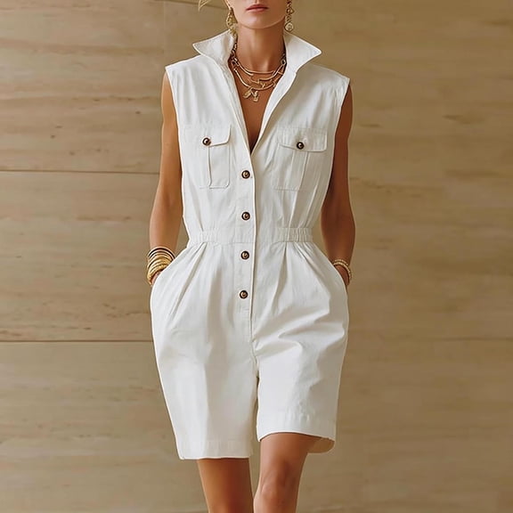 Yteetum Women's Summer Button Down Jumpsuits Rompers Oversized Turndown Collared Short Jumpsuit Women Casual Solid Stand Collared Loose Lightweight Comfy Overalls