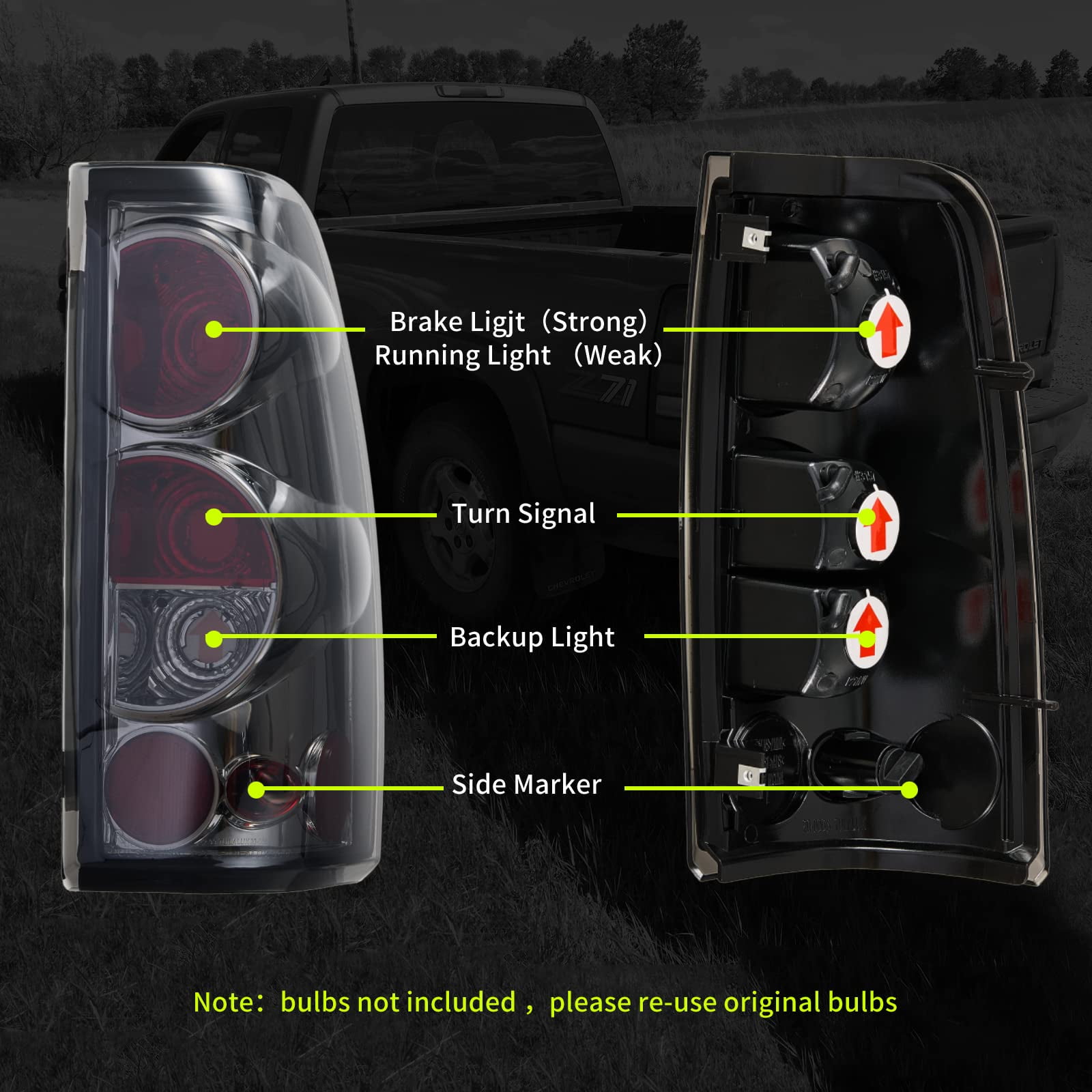 Chrome Tail Lights Rear Lamps Compatible With 1999-2007 Chevy Silverado GMC Sierra 1500 2500 3500 ;Pair;NO Bulbs; Smoke Lens