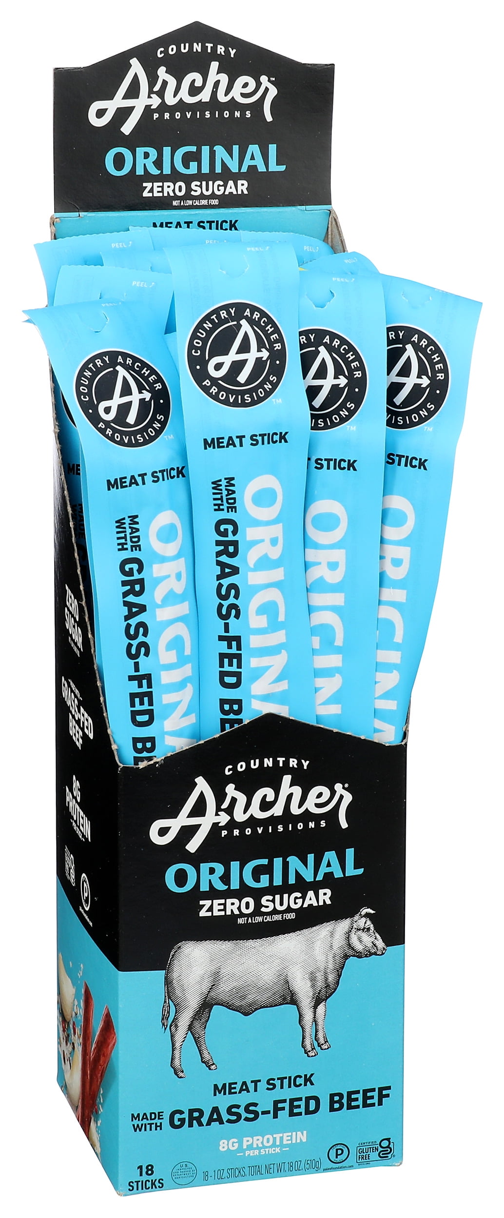 Pack of 18, Country Archer Original Grass-Fed Beef Meat Stick, 1 oz
