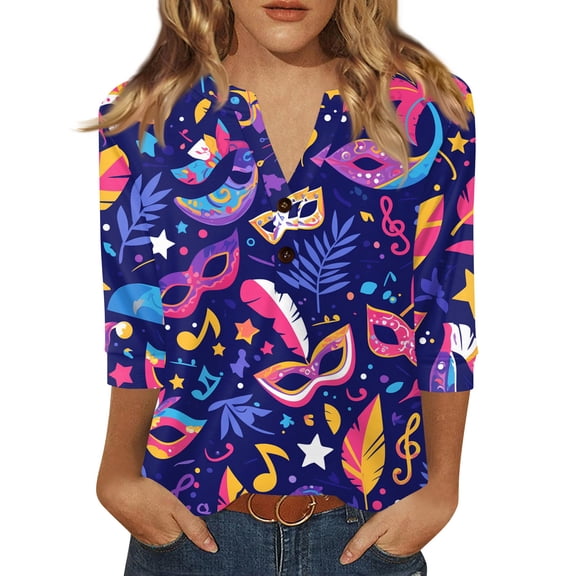Dresfit Women's Mardi Gras Shirts Graphic V Neck Party Tunic Top 2026 Carnival Mask Printed 3/4 Sleeve Holiday T-Shirt Button Parade Blouse Blue M