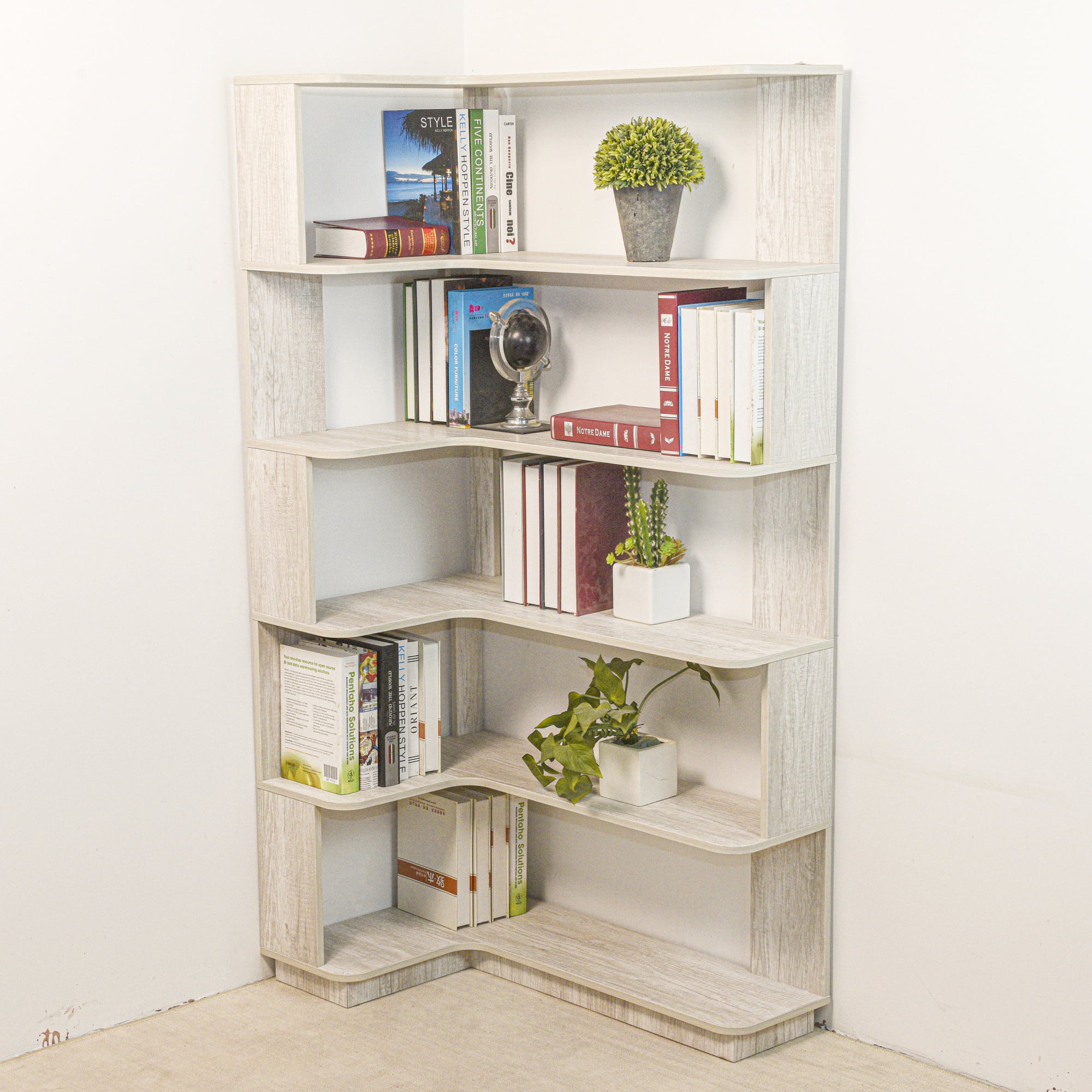 Leumius 5 Tier Freestanding L-Shaped Corner Bookshelf,Wooden Bookcase with Anti-drop Panel and Anti Tipping Device, Display shelf Open Storage,Light Gray