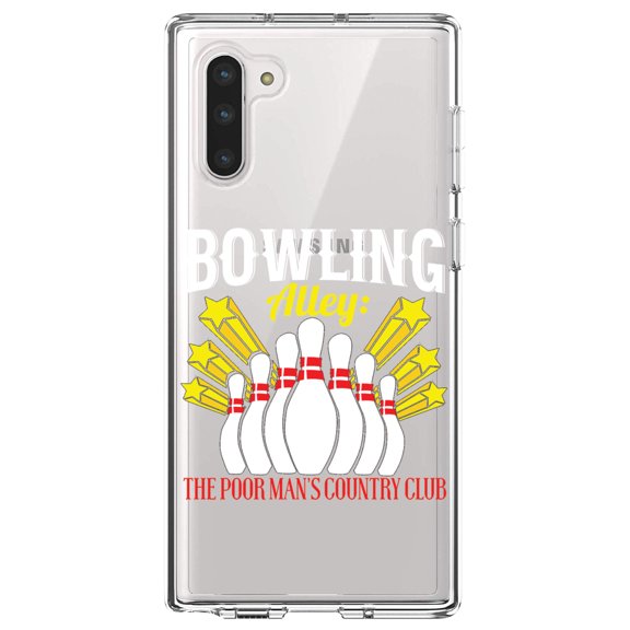 DistinctInk Clear Shockproof Hybrid Case for Samsung Galaxy Note 10 (6.3" Screen) - TPU Bumper Acrylic Back Tempered Glass Screen Protector - Bowling Alley The Poor Man's Country Club
