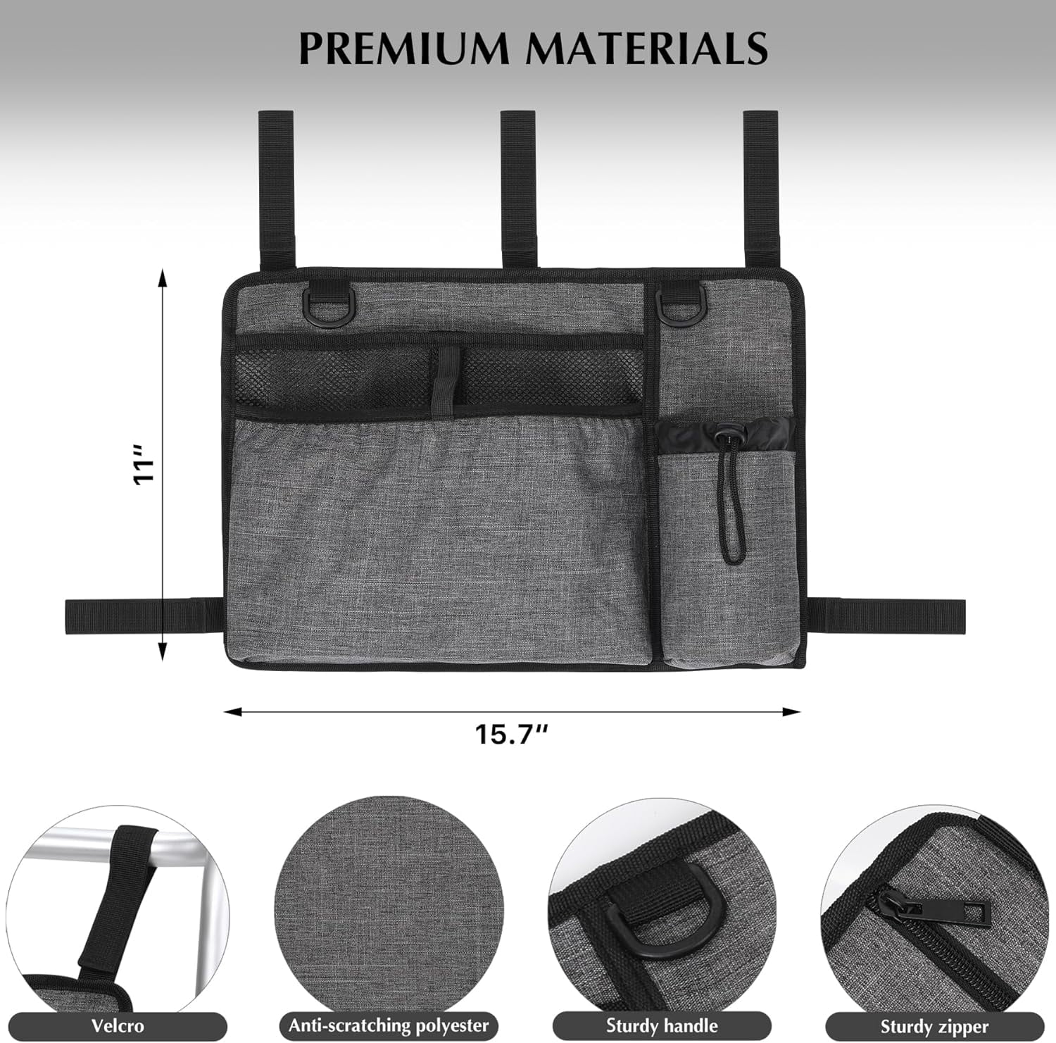 Walker Accessories for Seniors - Folding Walker Bag with Cup Holder, Storage Basket, and Organizer Pouch, Grey