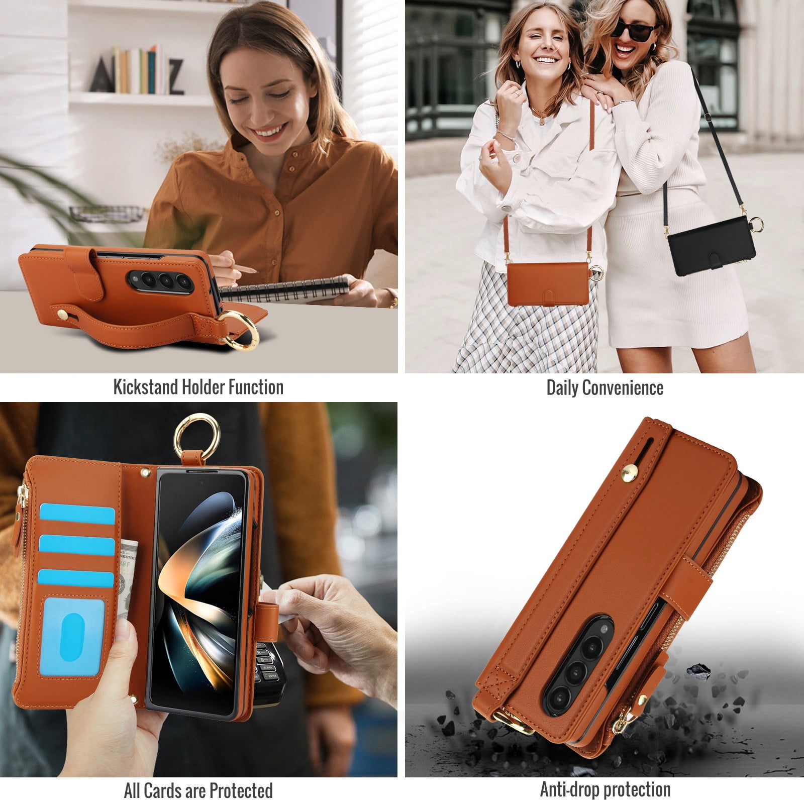 ELEHOLD For Samsung Galaxy Z Fold 4 Phone Case Leather Crossbody Zipper Card Wallet Flip Case Kickstand Cover, with Ring Holder,Full Body Protection-Brown