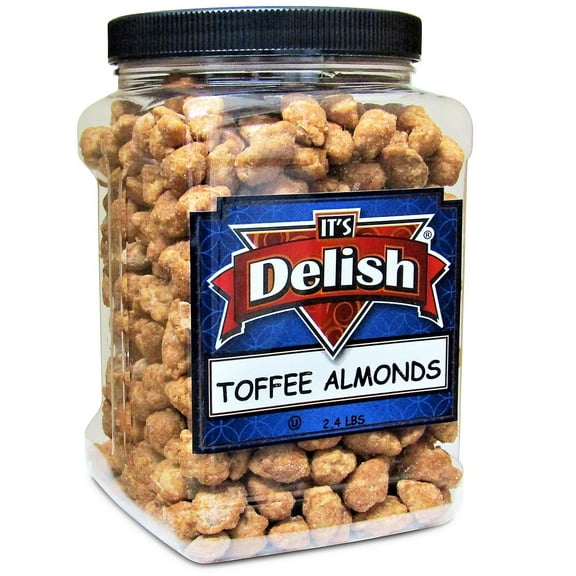 Gourmet Toffee Coated Almonds by Its Delish - 2.4 LB Jumbo Reusable Container Jar - Sweet Crunchy Caramelized Almond Nuts Snack