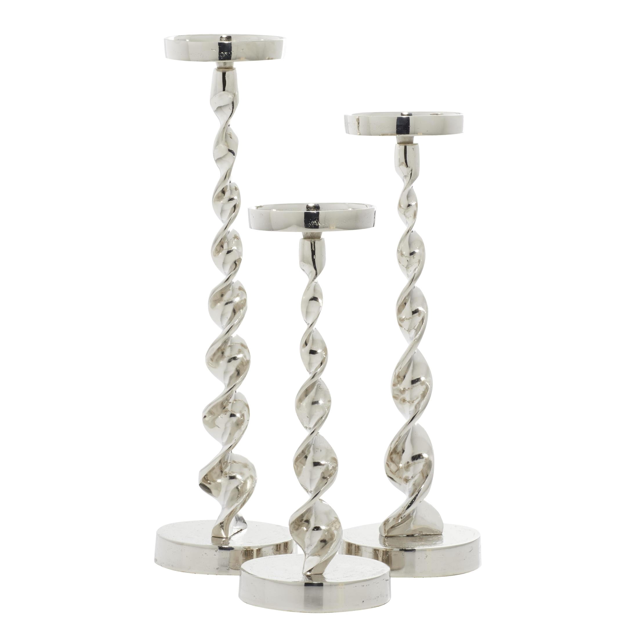 DecMode Aluminum Coastal Barley Twist Designed Candleholder Set of 3, 19", 16", 13" H, with High Gloss Silver and Slight Distressed Finish