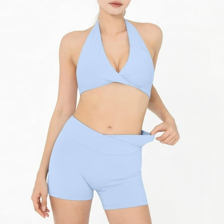 2 Piece Women s Workout Set  Neck Yoga Sports Bra Set  V Shorts with Neck Sports BraSky Blue m
