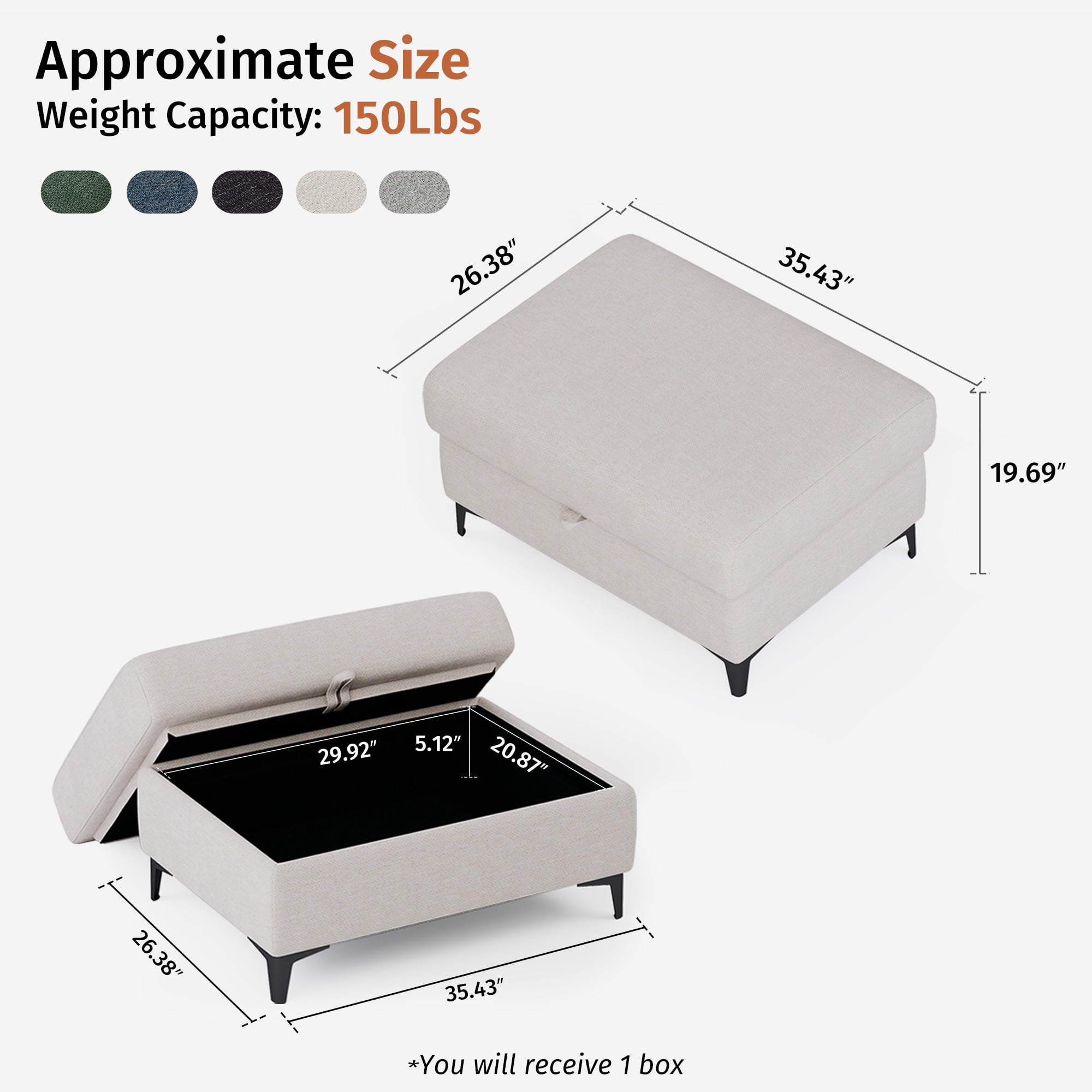 Modular Storage Ottoman for Sectional Sofa Chenille Upholstered Footrest Stool for Living Room Beige