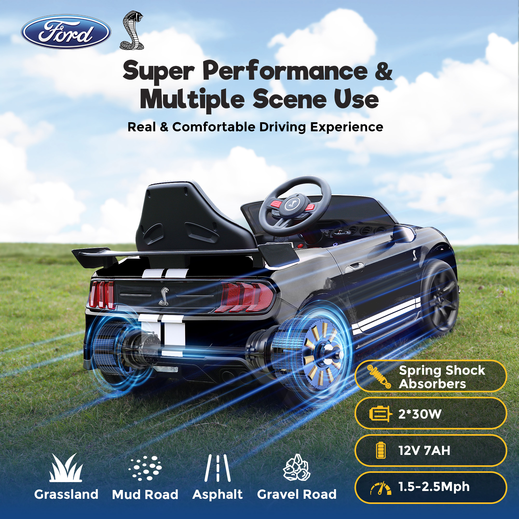 FUNTOK Licensed Ford Mustang GT500 12V 7AH Kids Electric Ride on Car Toy,16" Seater Battery Powered Car Truck with Remote Control,Bluetooth,3 Speeds,LED Headlight,Music Player & Spring Suspension