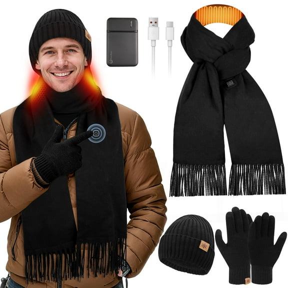 3 PCS Winter Heated Scarf Beanie Hat Touchscreen Gloves Set for Men and Women (Black)