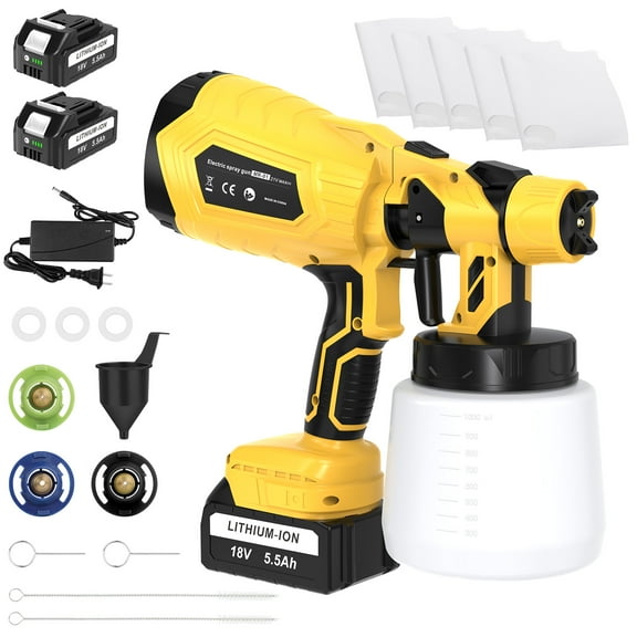 Cordless Paint Sprayer, High Power Spray Paint Gun with 2PCS 5500mAh Batteries, Electric Paint Sprayer Gun with 1000ML Container for House Painting Furniture Cabinets Fences Walls