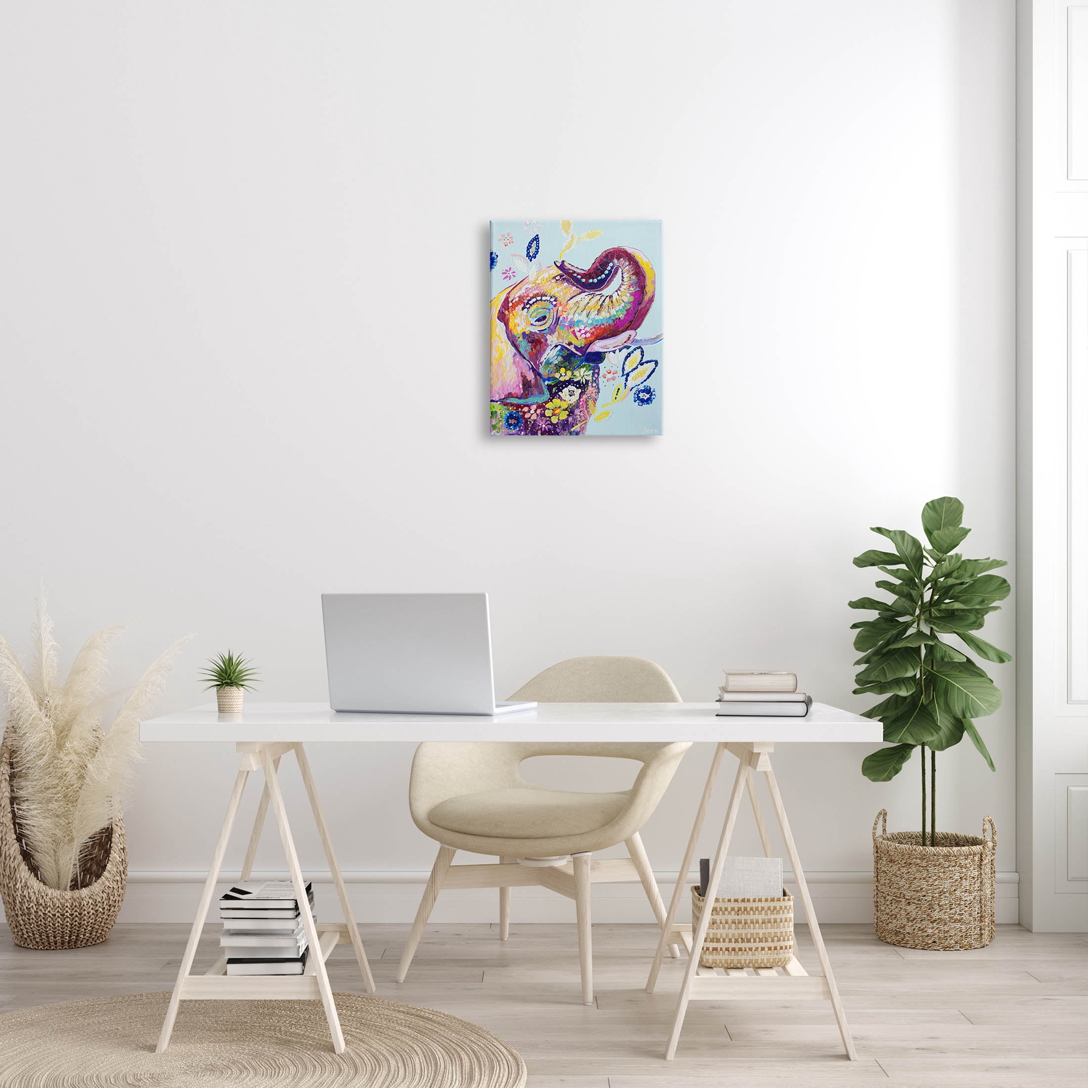 Floral Pattern Fun Elephant Animals & Insects Painting Gallery Wrapped Canvas Print Wall Art