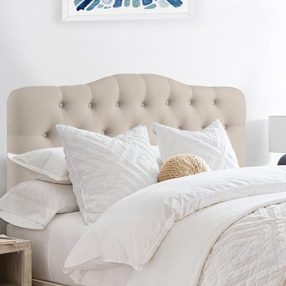 MUERE Givanna Adjustable Heigh Headboard with Linen Upholstery and Button Tufting for Bedroom, Queen, Textile Beige