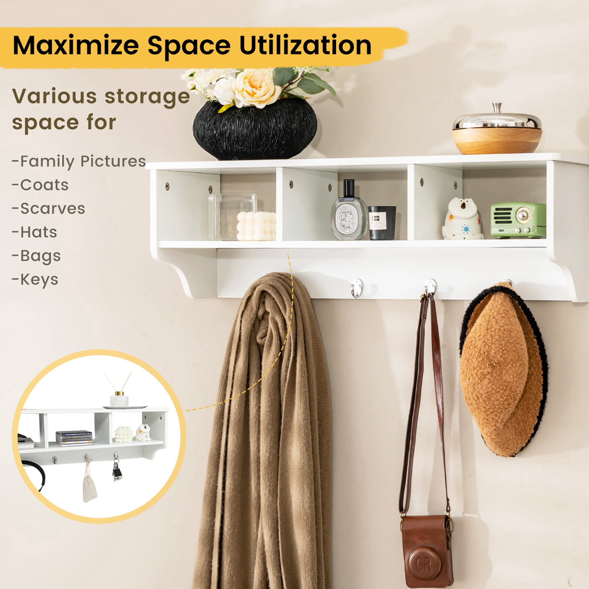 Costway Wooden Wall Mounted Coat Rack Hanging Cubby Organizer Storage Shelf with Hooks White