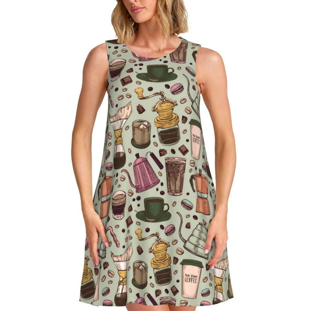 Xecao Cafetières Tasse pour Robes d'Été pour Femmes Robes Décontractées de Plage Robes de Plage Sans Manches T-Shirt Robe Évasée avec Poches