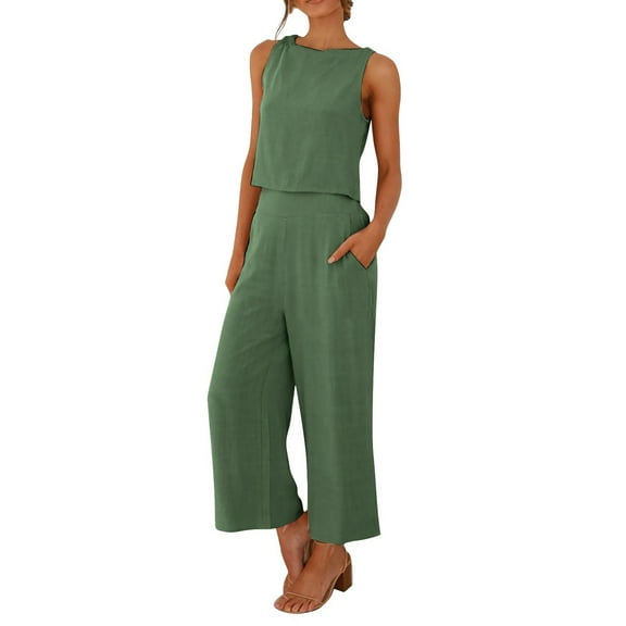 GILIGEGE Linen Sets for Women 2 Piece Summer Women Suit Fashion Comfortable Vest and Long Pants Solid Color Top Set Suit Wide Leg Pants Tracksuit Lounge Matching Sets Army Green L