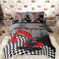 Manfei Cartoon Red Truck 7 Pieces Bedding Comforter Set for Kids, Construction Vehicle Full Bedding Set, Grey Checkereed Plaid Reversible Fitted Sheet Flat Sheet, Luxury Bedroom Decor