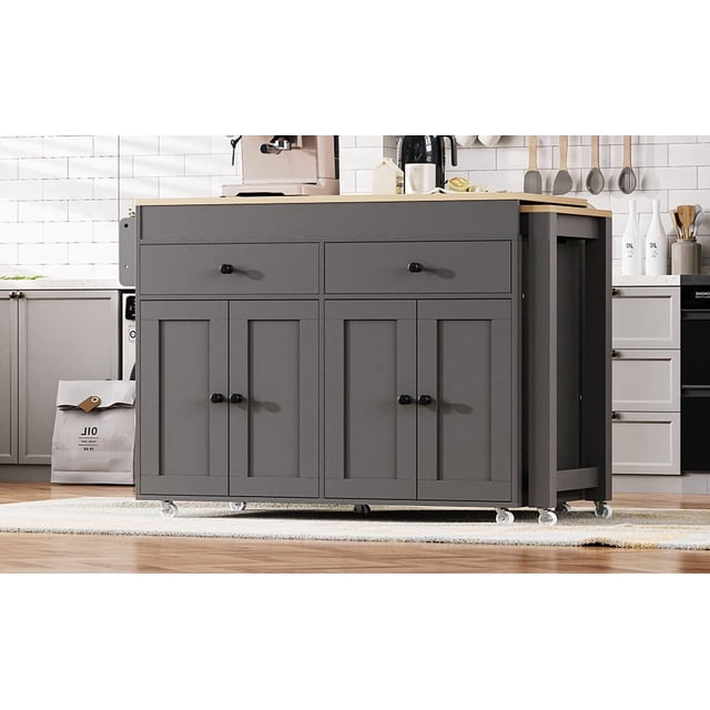 74.5 inch Kitchen Island with Extendable Dining Table , Rolling Kitchen Island on Wheels with Spice Rack and 2 Drawers, Kitchen Storage Cart with 4 Door Cabinet, for Kitchen, Dining Room, Grey