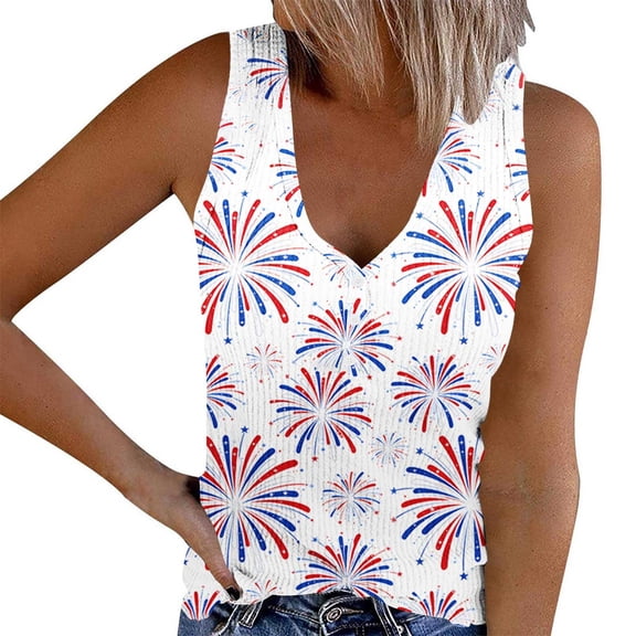Women's Fireworks Print Independence Day Tank Top Summer Henley Neck Red White and Blue Tee Tank Patriotic Casual Sleeveless Top Multicolor