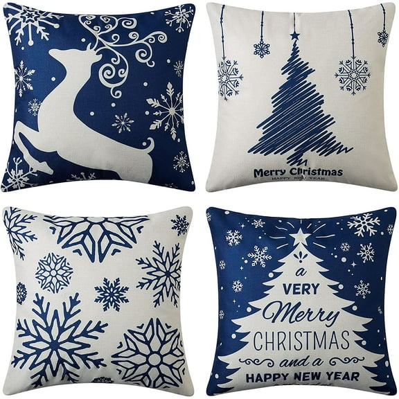 Christmas Decorations Pillow Covers 18x18 Set of 4,Farmhouse Christmas Tree Deer Snowflakes Rustic Xmas Pillow Case, Home Winter Holiday Couch Decorations Throw Cushion Case