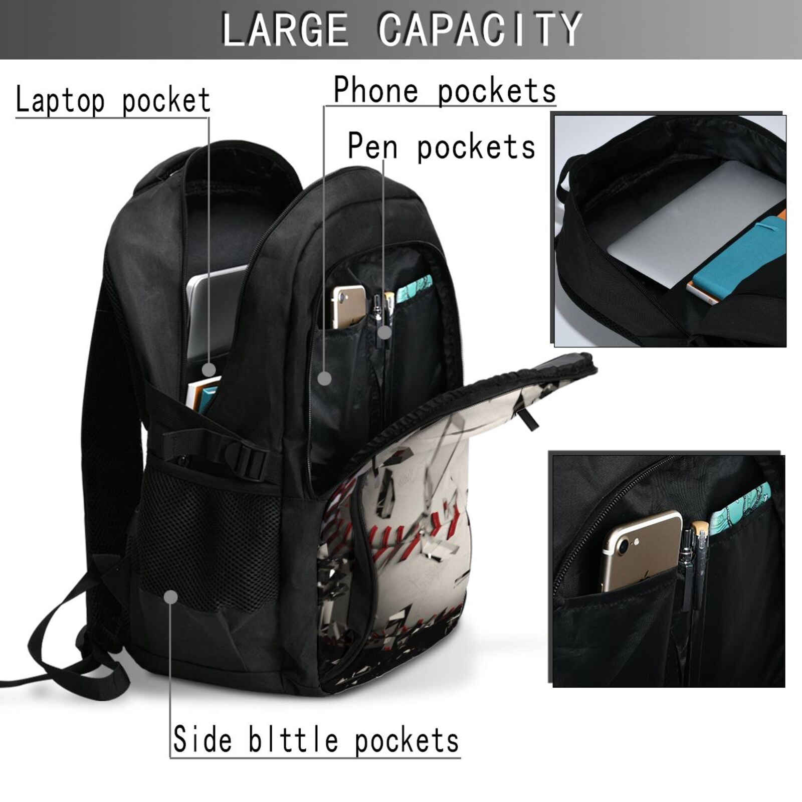 Hirioo Baseball Breaking Glass for Travel Laptop Backpack with USB Charging Port for Men and Women