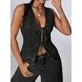 thumbnail image 2 of Women'S Tie Front Deep V Neck Denim Vest Sleeveless Jean Jacket Black Grey XL, 2 of 5