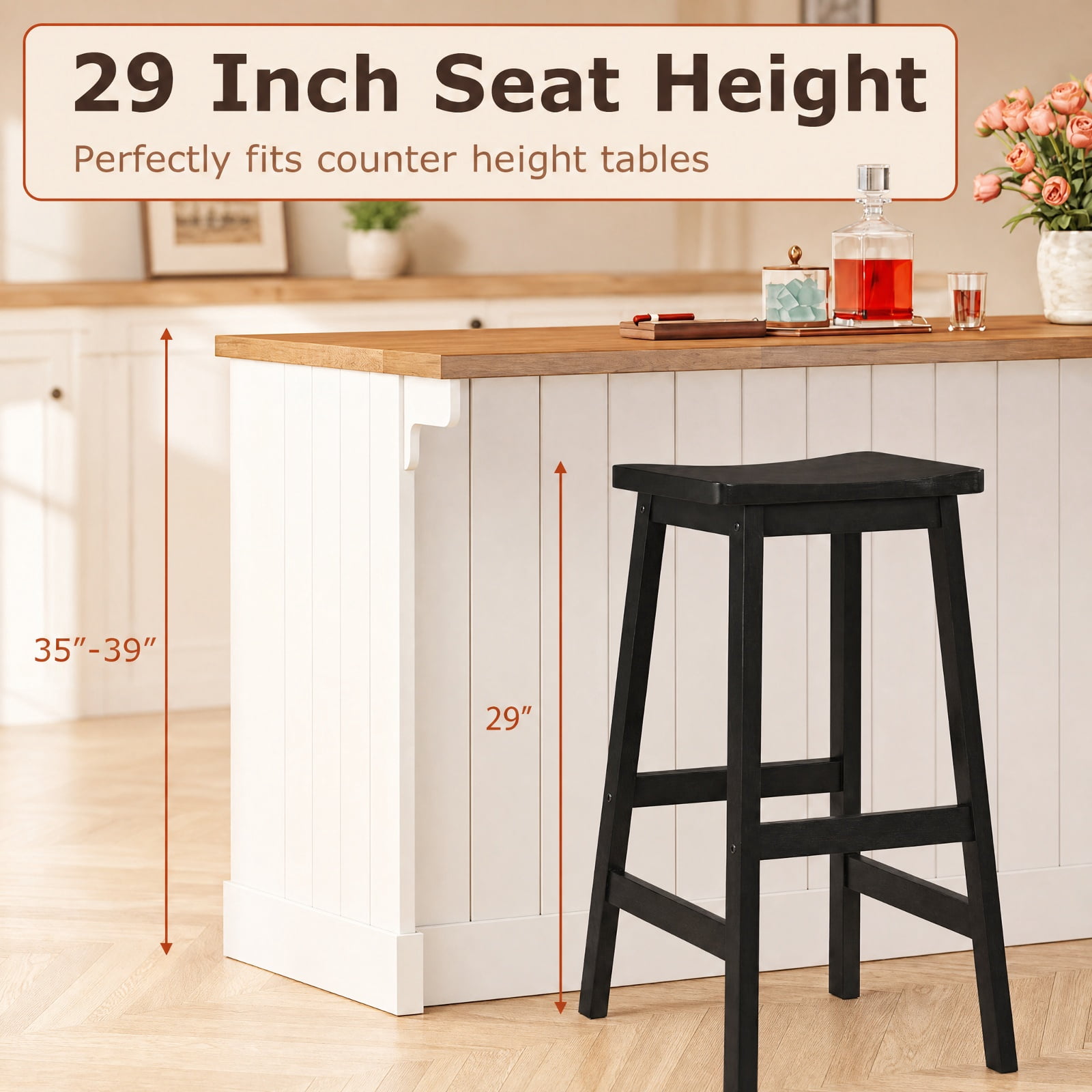 Furnibear 29" Set of 2 Saddle-Seat Counter Height Stools with Curved Seat and Footrests for Kitchen Island Counter Bar Pub Dining Home, Black