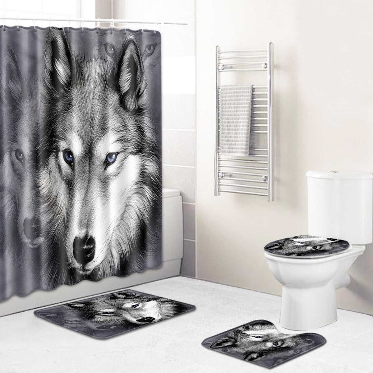 3 Pcs Flannel Animal Deer Bear Wolf Bathroom Rug Set Non-Slip Mat Toilet Cover