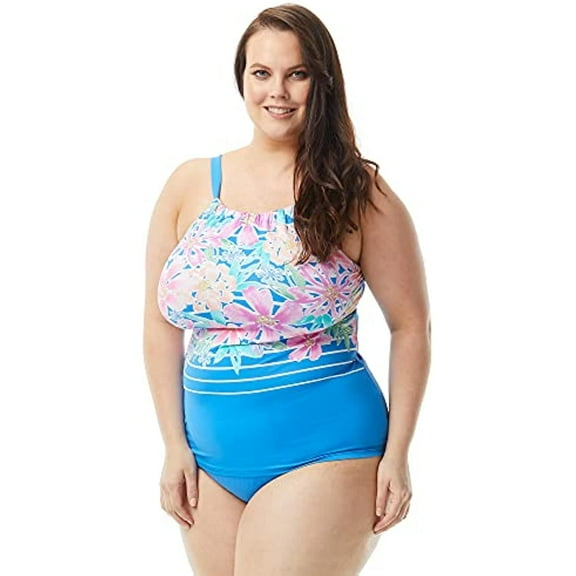 High Neck Tankini, High Neckline, Adjustable Straps, Floral Swimsuit Top, Blair, 22