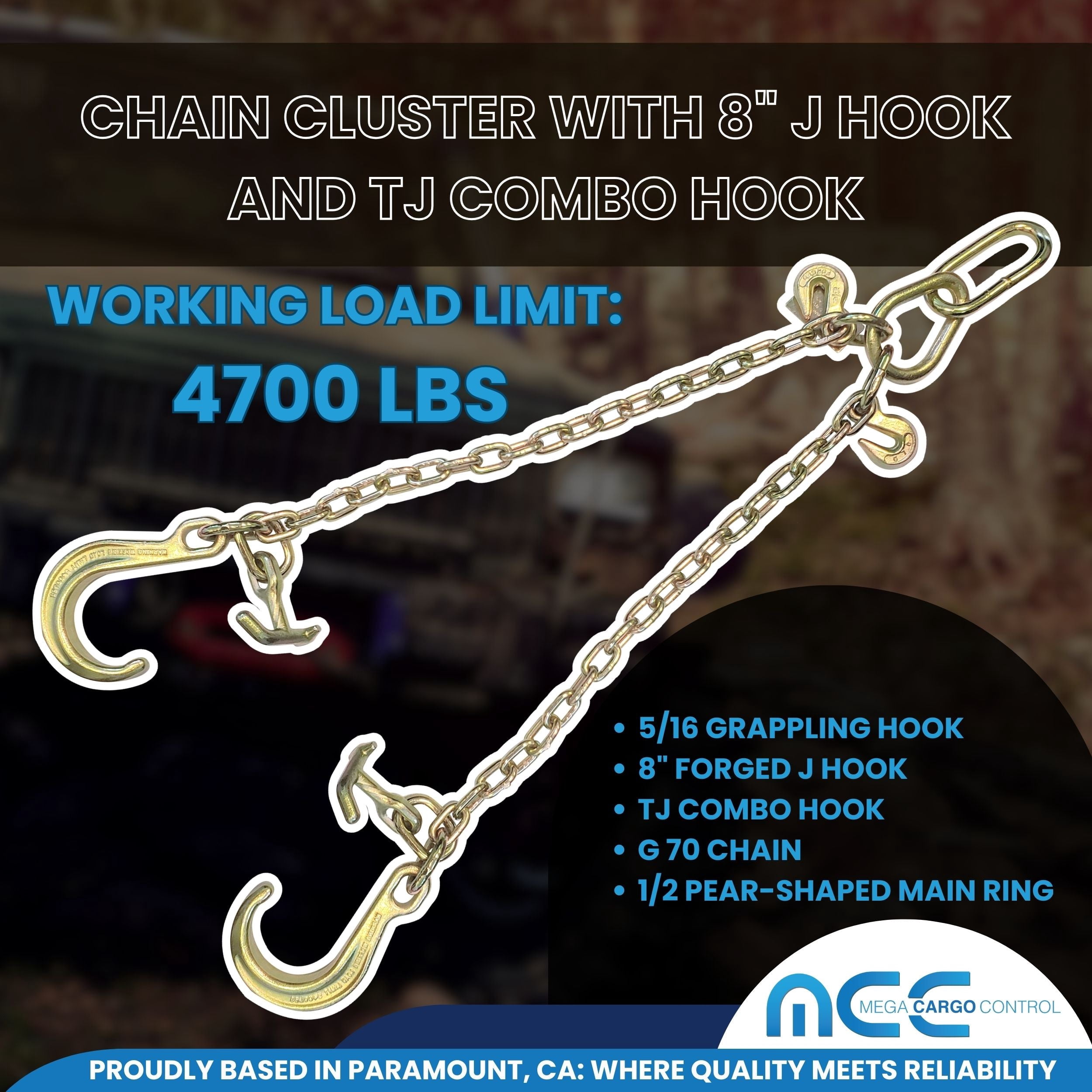 Mega Cargo Control 5/16" x 2FT G70 J Hook V-Chain Bridle Tow Hooks, 8" J Hook Shank, TJ Hook & Grab Hooks - 4700 LBS WLL, 2 Set