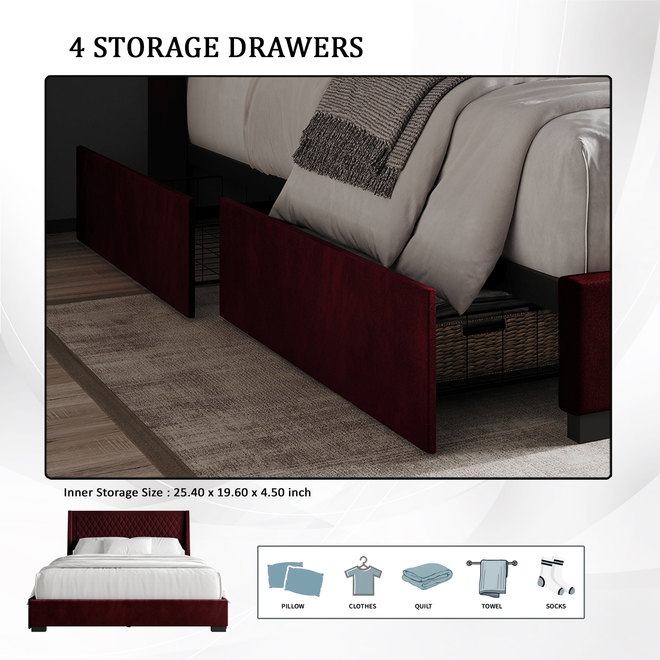 Castle Place Elegant Retreat Diamond Stitch Velvet King Platform Bed with Storage Drawers, Light Blue