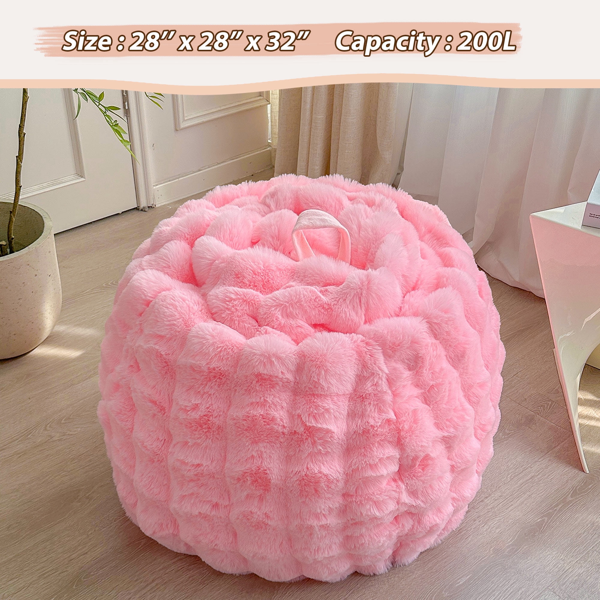 LIFEREVO Kids Fluffy Faux Rabbit Fur Bean Bag Chair Cover (No Filler), Soft Luxury Fuzzy Stuffed Animal Storage Bubble Bean Bag for Plush Toys, Cute Shaggy Furry Beanbag Cover Girls Adults, Pink