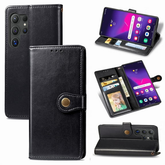 for Samsung Galaxy S24 Ultra Phone Case Wallet Card Holder, Premium PU Leather Stand Flip Wrist Strap Magnetic Closure Shockproof Protective Wallet Case Cover for Samsung Galaxy S24 Ultra, Black