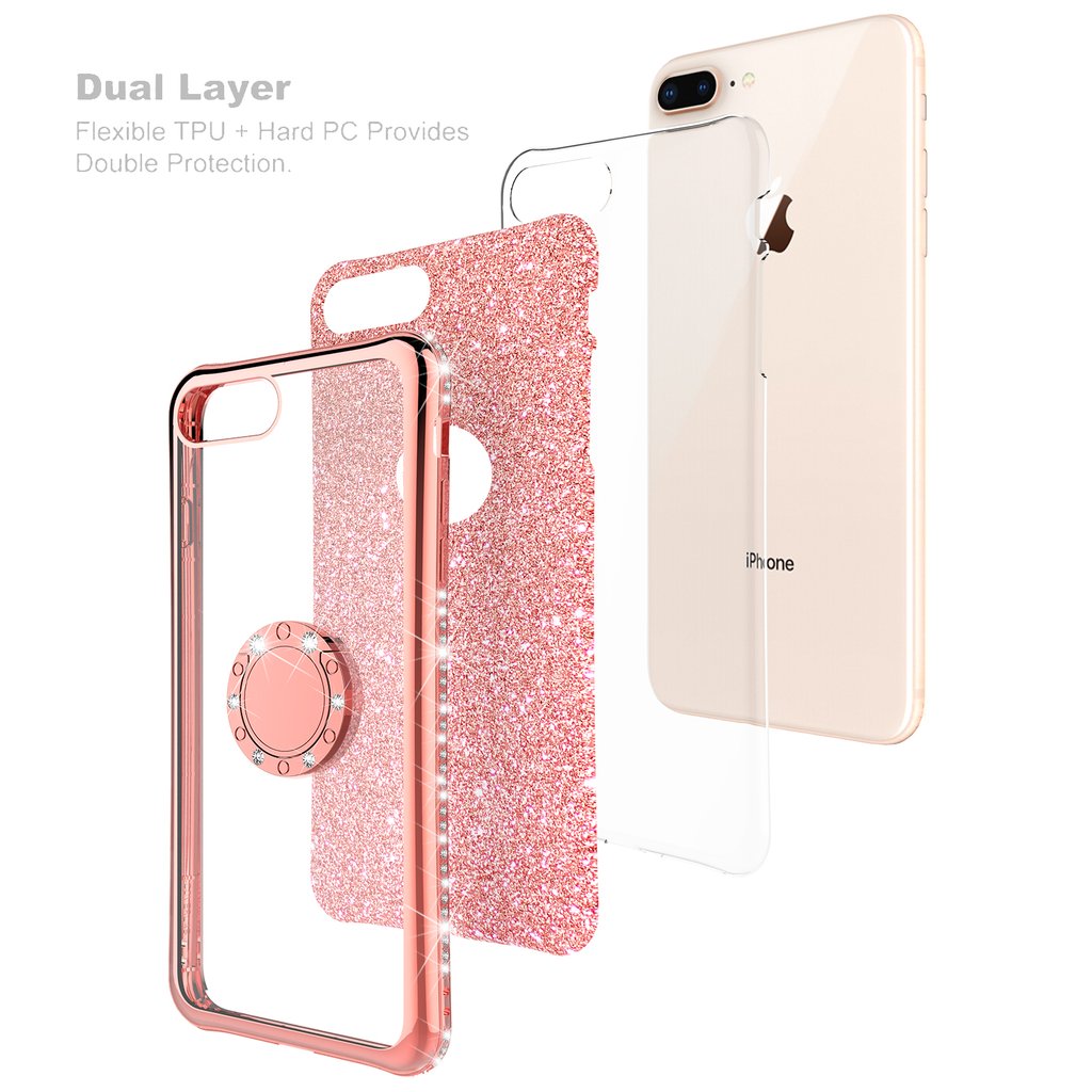 For Apple iPhone SE 3 2022/iPhone SE 2 2020 / iPhone 6 6S 7 8 Case Glitter Phone Case Girls with Kickstand, Bling Diamond Rhinestone with Ring Stand Protective Pink for Girl Women Kids - Rose Gold - image 3 of 4