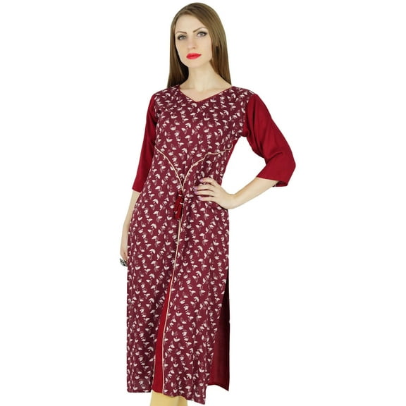 Bimba Women Maroon Straight Kurta Kurti Printed Tunic 3/4 Sleeve Slit Blouse