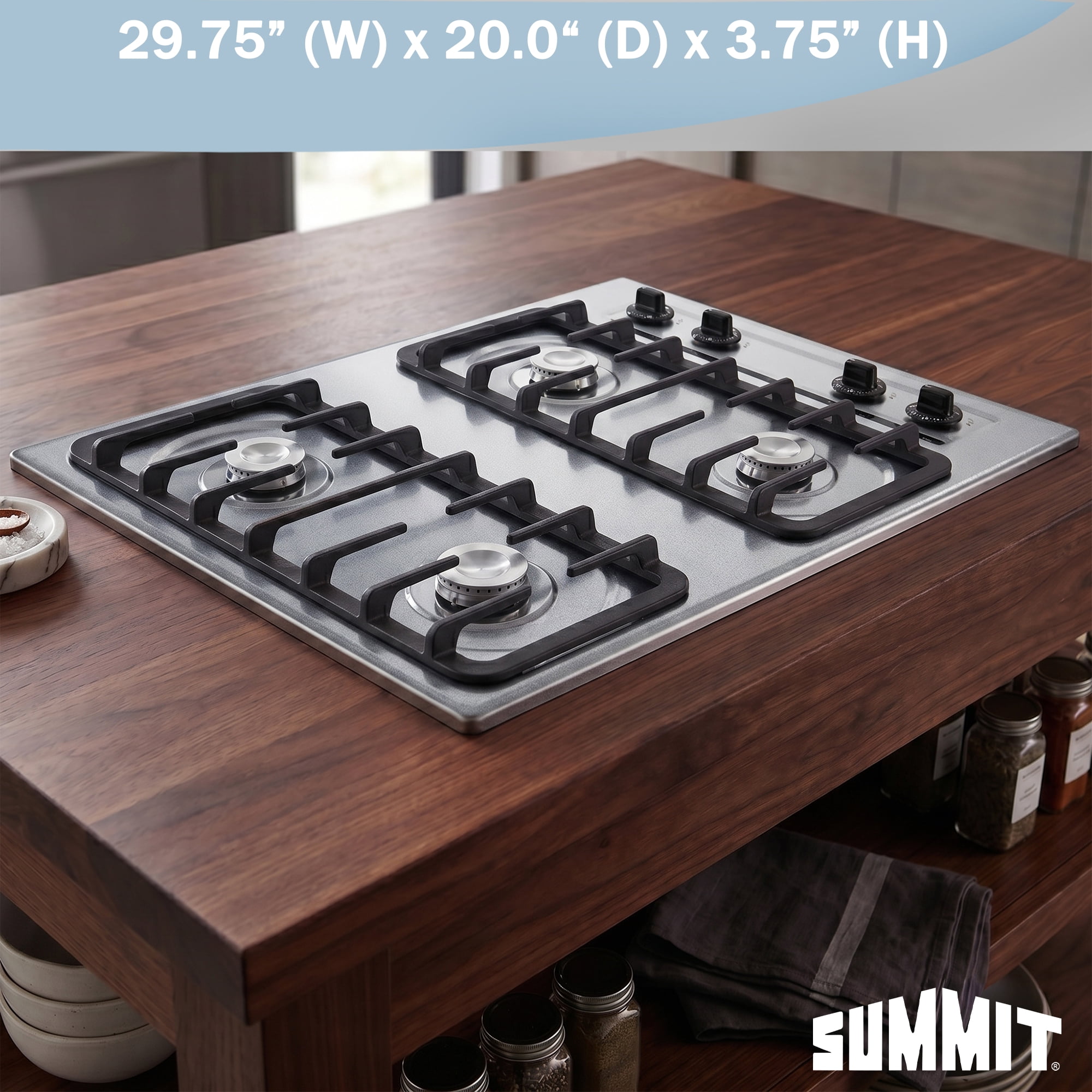 Summit 30" Gas Cooktop, 4-Burner, Electric Ignition, 115V, Stainless Steel - ZNL053I